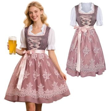 Nikcorp Ženska Dirndl haljina za Oktoberfest tradicionalna bavarska s cvjetnim vezom midi duljina bordo ružičasta veličina L