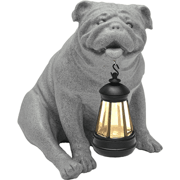 Nikcorp Vrtna figura pas buldog sa solarnom LED lampom, vodootporna ukrasna skulptura od smole za vrt i terasu, siva, visina 34 cm