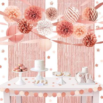 Nikcorp Set dekoracija za vjenčanje i rođendan, 22 dijela, ružičasto zlato, folijske zavjese, lampioni, pomponi i konfeti za proslave