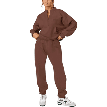 Nikcorp Ženski sportski komplet trenirka, majica s poluzatvaračem i hlače, pamuk s flisom, udoban sportski kroj, smeđa boja, XL