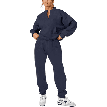 Nikcorp Ženski komplet trenirke gornji dio s 1/2 patentnim zatvaračem i hlače, pamuk s toplim flisom, tamnoplava boja, veličina XL