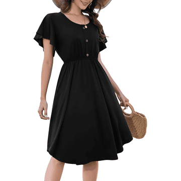 Nikcorp Ženska midi haljina s džepovima ljetna moderna prozračna crna XL kratki rukavi s volanima i ukrasnim gumbima