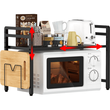 Nikcorp Kuhinjska polica organizator za mikrovalnu pećnicu dvorazinska podesiva širina 40-65 cm crna metalna s držačem za dasku