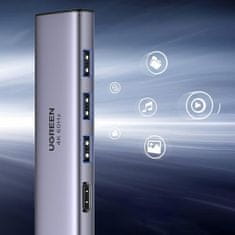 Ugreen 6u1 višenamjenski USB-C HUB - 3x USB HDMI 4K čitač SD i TF kartica sivi