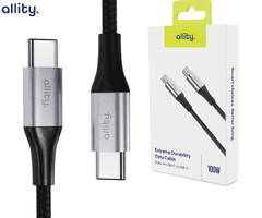 Allity AUC-01 USB-C na USB-C kabel, 100 W, 1 m, najlon + čičak, crni