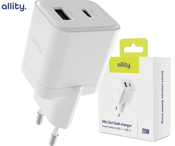 Allity ATC-01 GaN punjač, 20W, 1x USB-C, 1x USB-A, brzo punjenje, bijela
