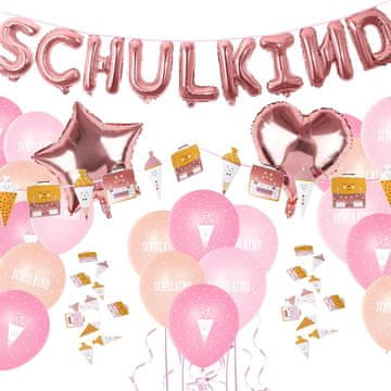 Nikcorp Dekoracije i baloni za prvi dan škole, set 49 kom, girlanda, naljepnice i konfeti, motivi školske torbe, ružičasta i rose gold boja
