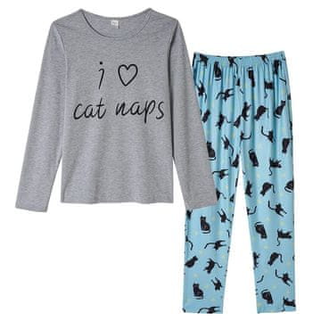 Nikcorp Ženska pidžama komplet hlače i majica dugih rukava s motivom mačke, udoban i mekan materijal, sivo-plava boja, veličina L