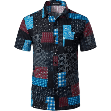 Nikcorp Muška havajska košulja s uzorkom, kratki rukavi, pamuk i lan, hipiji stil, prozračna i lagana, za plažu i ljeto, plava, veličina S