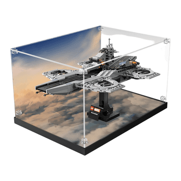 Nikcorp Akrilna vitrina za LEGO 76295 Avengers Helicarrier, zaštitno prozirno kućište s tematskom pozadinom, akril 3 mm, 22x28x39 cm