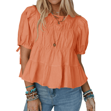 Nikcorp Ženska babydoll bluza od 100% pamuka s puf rukavima, lagana i prozračna ljetna tunika, narančasta boja, veličina L