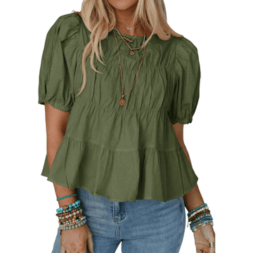 Nikcorp Ženska bluza Babydoll 100% pamuk s puf rukavima, lagana i prozračna ljetna majica, udoban široki kroj, zelena boja, veličina S