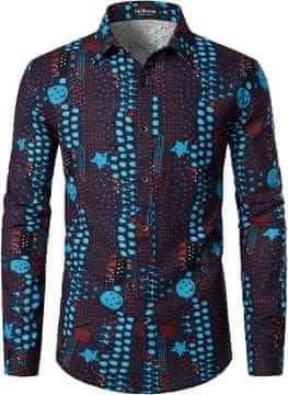 Nikcorp Muška košulja s afričkim uzorcima, dugi rukavi, tamnoplava, 3XL, lanena tkanina, elegantan etno stil, strukirani kroj, lagana i prozračna