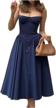 Nikcorp Ženska ljetna haljina duga vintage A-kroj plava, veličina M, tanke spaghetti naramenice i praktični džepovi, lagani materijal za plažu