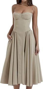 Nikcorp Ženska ljetna haljina duga, A-kroj, na naramenice, s džepovima, boja kave, veličina S, lagana i elegantna haljina za zabave i plažu