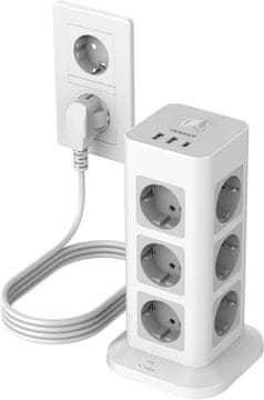 Tessan TPS04-De produžni kabel, 12x utičnica, 3x USB, prekidač, 2 m