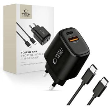 Tech-protect NCA45W GaN punjač USB / USB-C 45W PD QC + kabel USB-C, crno