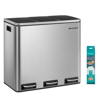 Songmics Kanta za recikliranje 3-pretinac pedalna kanta 61x34x555 cm srebrna i crna