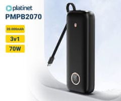 Platinet PMPB2070 punjiva baterija, 70 W, 20.000 mAh, QC3.0, PD, USB-A, USB-C, crna