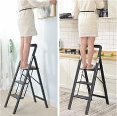 Nikcorp Kućne ljestve s 3 stepenice, sklopive, aluminijske, protuklizne, nosivost 150 kg, ultra tanak dizajn 4 cm, crne, sigurnosna norma EN14183