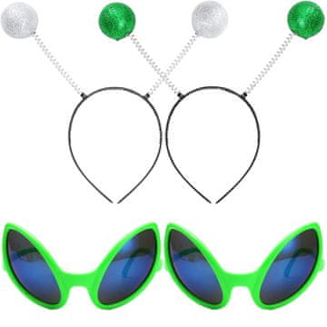 Nikcorp Kostim Izvanzemaljac Alien UFO set: zelene naočale i obruč s antenama za maskenbal, karneval i tematske zabave, 2 komada