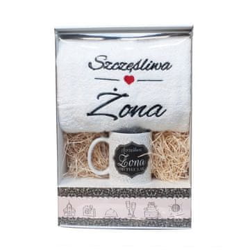 CLOCKODILE Poklon set s bijelim ručnikom "Sretna supruga" i šalicom "Sretna supruga toliko godina"