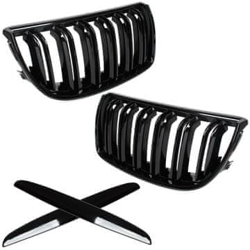 BMW 3 E90 / E91 04-09 SEDAN / KOMBI maske između prednjih svjetala (bubrezi) lijevi + desni set CRNE SJAJNE DVOSTRUKE ŠAKE ZAKRIVLJENA REBRA
