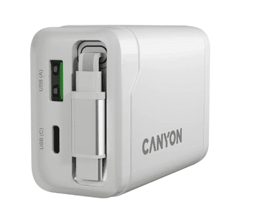 Canyon Punjač OnCharge 65RC, 65W GaN, ugrađeni USB-C kabel + USB-A/C, bijela (CNS-CURC65ACW)