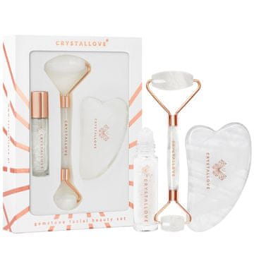 CRYSTALLOVE Prozirni kvarcni set za uljepšavanje: valjak za lice + ploča za gua sha + bočica s roll-onom