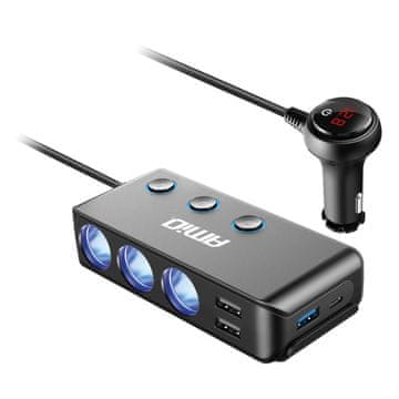 AMIO Razdjelnik za upaljač, T-utičnica, voltmetar, USB punjač, USB-C, 12V, 24V, -03781