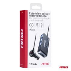 AMIO Razdjelnik za upaljač, T-utičnica, voltmetar, USB punjač, USB-C, 12V, 24V, -03781