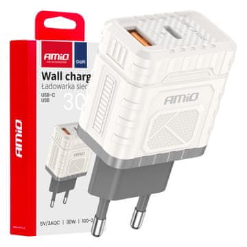 AMIO Zidni punjač s brzim punjenjem GaN 30W USB-A + USB-C -04286