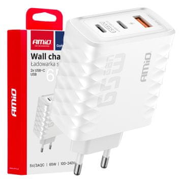 AMIO Zidni punjač za brzo punjenje 65W USB-A + 2x USB-C -04289