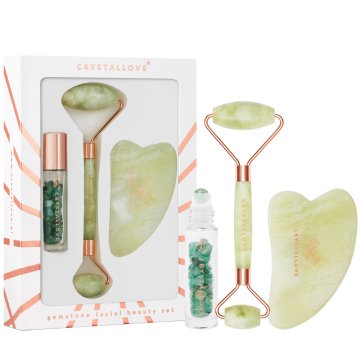 CRYSTALLOVE Jade set za uljepšavanje: valjak za lice + ploča za gua sha + bočica s roll-onom