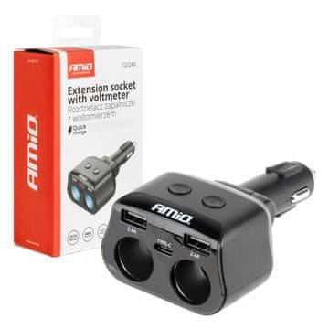 AMIO Razdjelnik za upaljač za cigarete 2x USB 1x USB-C 12V 24V + voltmetar -04173