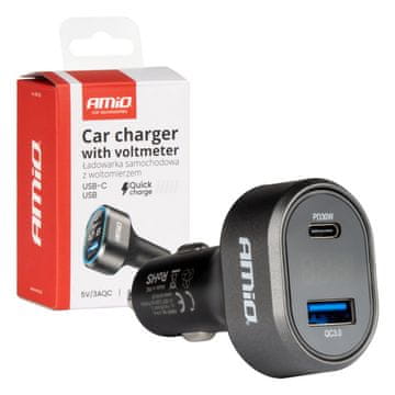 slomart AMiO Auto punjač 48W s PD 30W, QC 3.0, USB-A, USB-C i Voltmetrom