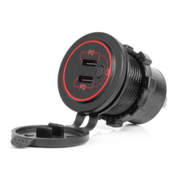 AMIO Auto punjač s USB utičnicama, vodootporan, s prekidačem, 2x USB-C, 12V, 24V -04224