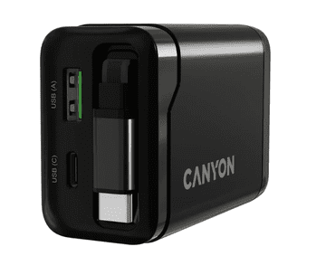 Canyon Punjač OnCharge 65RC, 65W GaN, ugrađeni USB-C kabel + USB-A/C, crni (CNS-CURC65ACB)