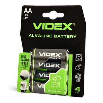 Set od 4 snažne alkalne baterije Videx AA LR6 1,5 V 2600 mAh