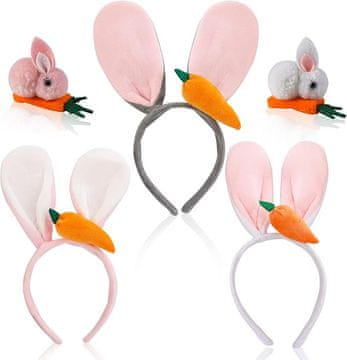 Nikcorp Uskršnje trake za glavu i ukosnice zečje uši, plišani set od 5 komada za djecu i odrasle, roza, bijela i siva boja