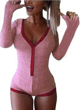 Nikcorp Ženski bodi dugih rukava s V-izrezom, rebrasti pamučni izgled, rastezljivi materijal, ružičasto-crvena boja, veličina S
