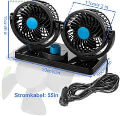 Nikcorp Auto ventilator s dvostrukom glavom 12V, rotacija 360 stupnjeva, 2 brzine hlađenja, za automobil, SUV i kombi vozila, crni