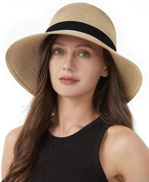 Nikcorp Ženski šešir od slame sa širokim obodom, sklopivi ljetni šešir za plažu, UV zaštita, podesiva veličina 57-59 cm, bež zylioo