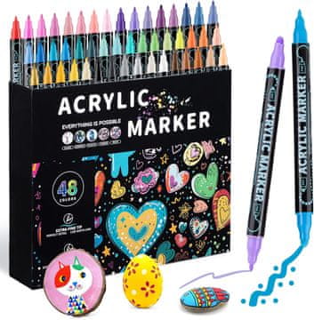 Nikcorp Akrilni markeri flomasteri, 48 komada, dvostrani vrh (1-10 mm), vodootporni set za kamen, staklo, drvo, metal i keramiku