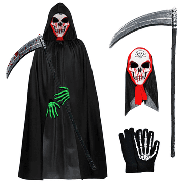 Nikcorp Kostim Žetelac za Halloween, set s ogrtačem, maskom, kosom i svjetlećim rukavicama, crna odjeća za maškare, 140 cm