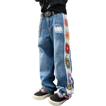 Nikcorp Muške traperice širokih nogavica s cvjetnim vezom, poderane Y2K hlače labavog kroja, tamnoplave, pamučne, veličina L