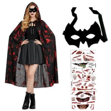 Nikcorp Kostim Vampira Drakula za djecu, plašt s kapuljačom 150 cm, maska šišmiša i set tetovaža ožiljaka, Halloween i karneval