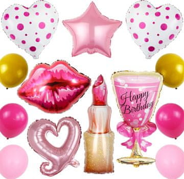Nikcorp Set rođendanskih balona i dekoracija, 13 komada, motivi usne, ruž i čaša, folija i lateks, fuksija i svijetlo ružičasta
