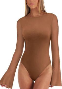 Nikcorp Ženski bodi sa zvonolikim rukavima i lađa izrezom, elegantna prozirna mrežica, vintage stil, smeđa boja, veličina XXL