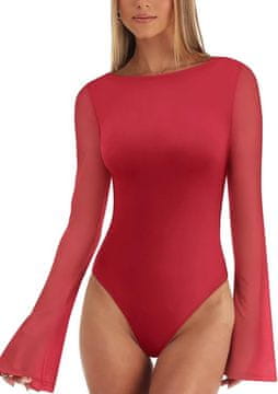 Nikcorp Ženski bodi s mrežicom i zvonolikim rukavima, elegantan vintage dizajn, lađa izrez, rastezljiva tkanina, crveni, veličina L